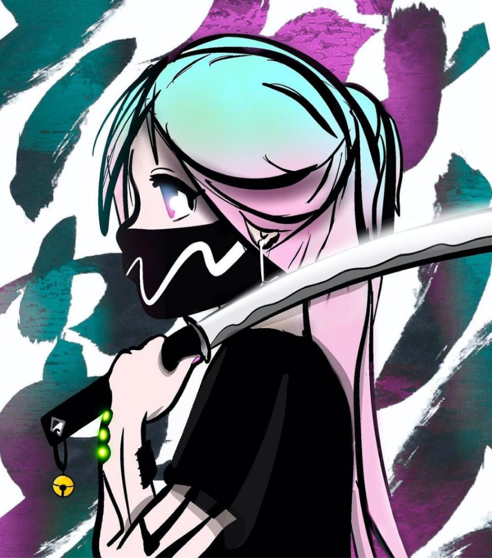 Drawing of a modern cyberpunk rōnin girl